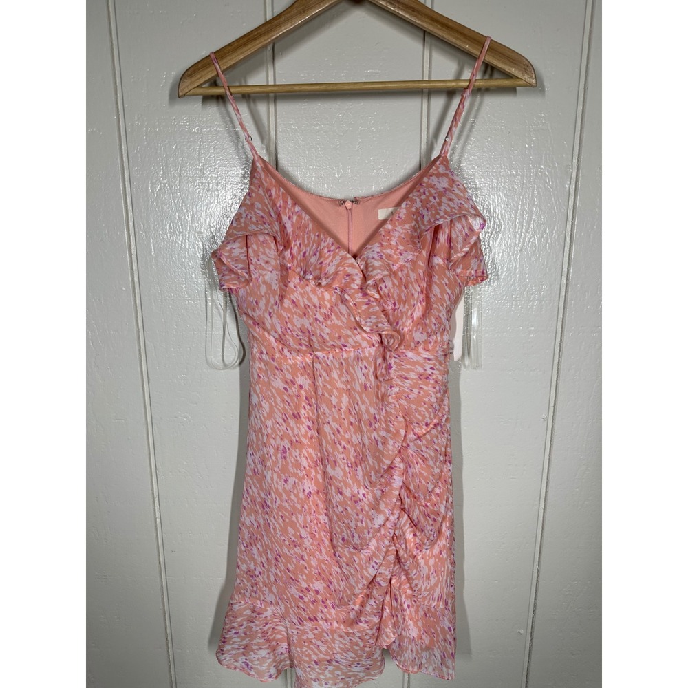 Lush Mini Dress Womens S Pink Orange Abstract Ruffle Sleeveless V-Neck NEW